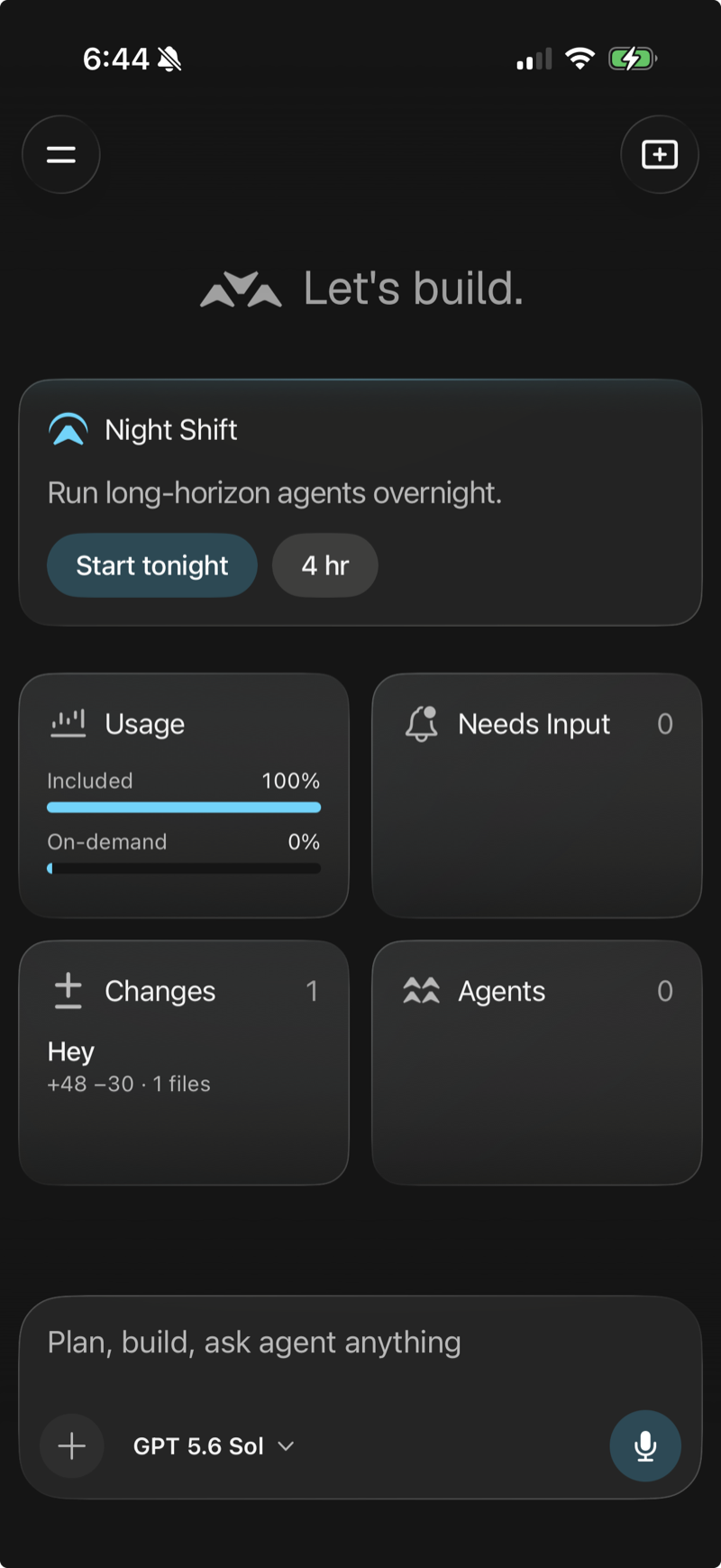 Mouse home screen with Night Shift, usage, changes, and the agent composer